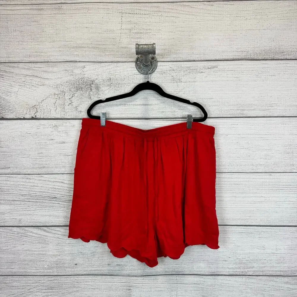 White Birch Plus Size Red Elastic Waist Drawstring Scallop Hem Shorts Size 3X